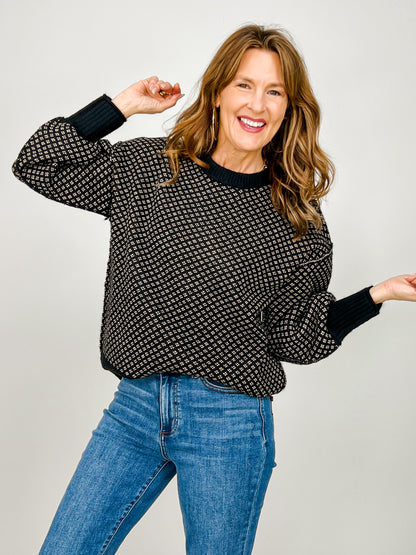 Mini Jacquard Crew Neck Long Sleeve Knit Sweater