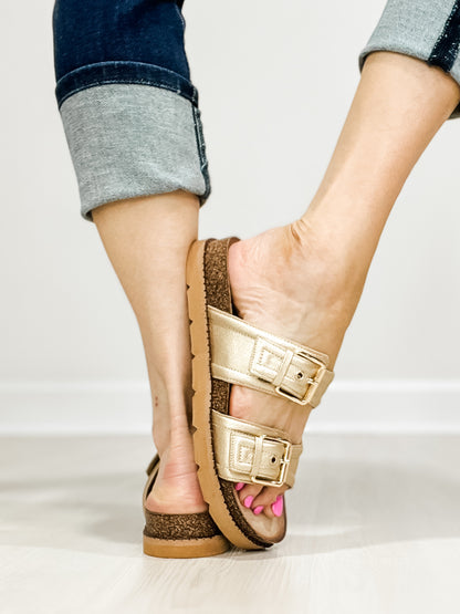 Corkys Conceited Double Buckle Slide Sandals in GOLD
