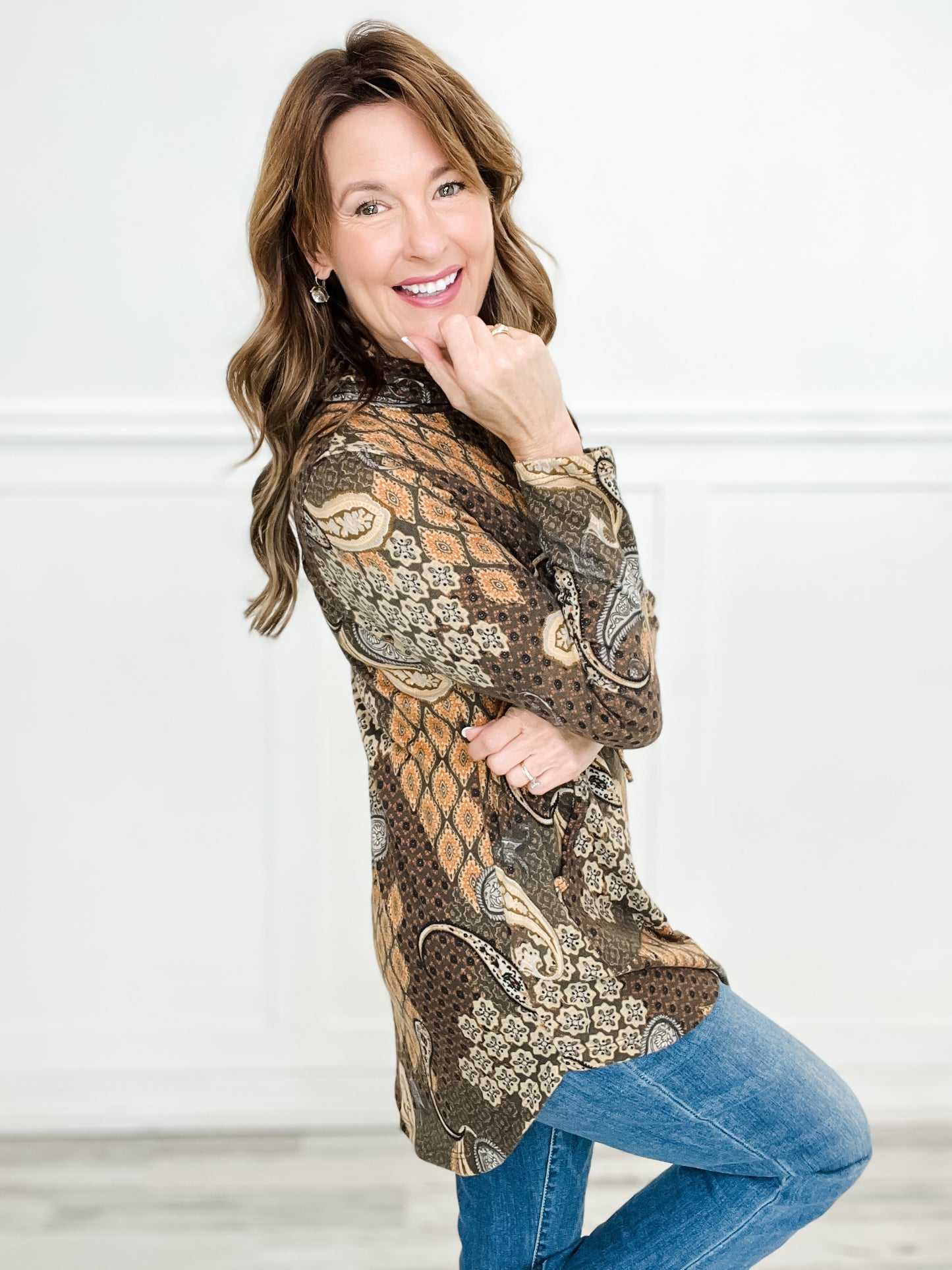 Long Sleeve Hoodie Top with Diamond Paisley Print