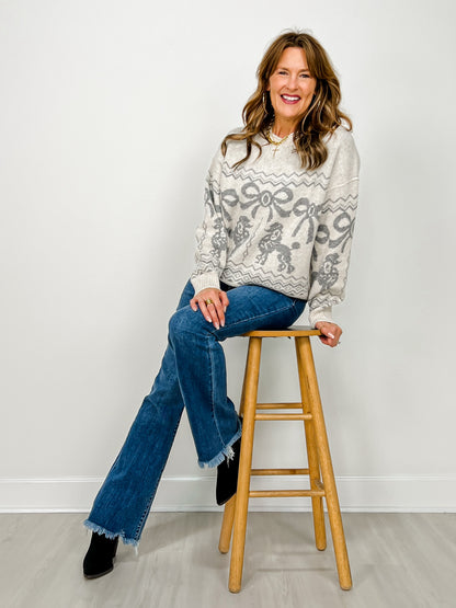 Poodle Bow Jacquard Knit Pullover Sweater