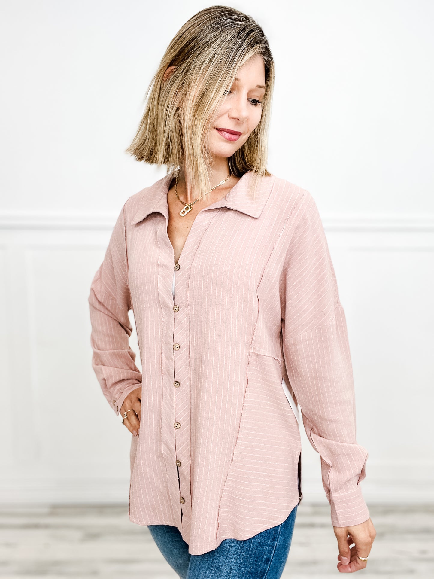 Striped Linen Oversized Long Sleeve Button Down Top