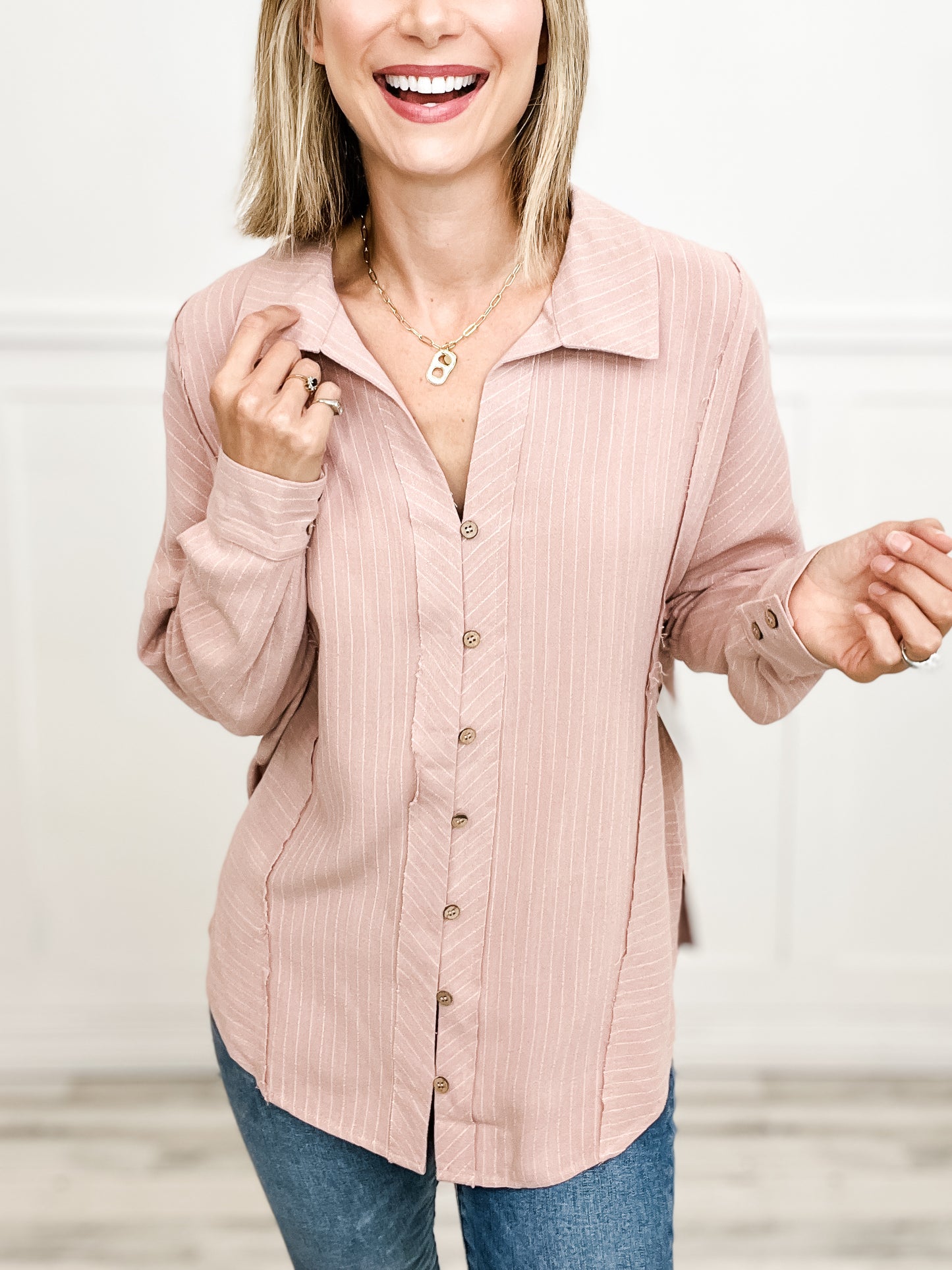 Striped Linen Oversized Long Sleeve Button Down Top