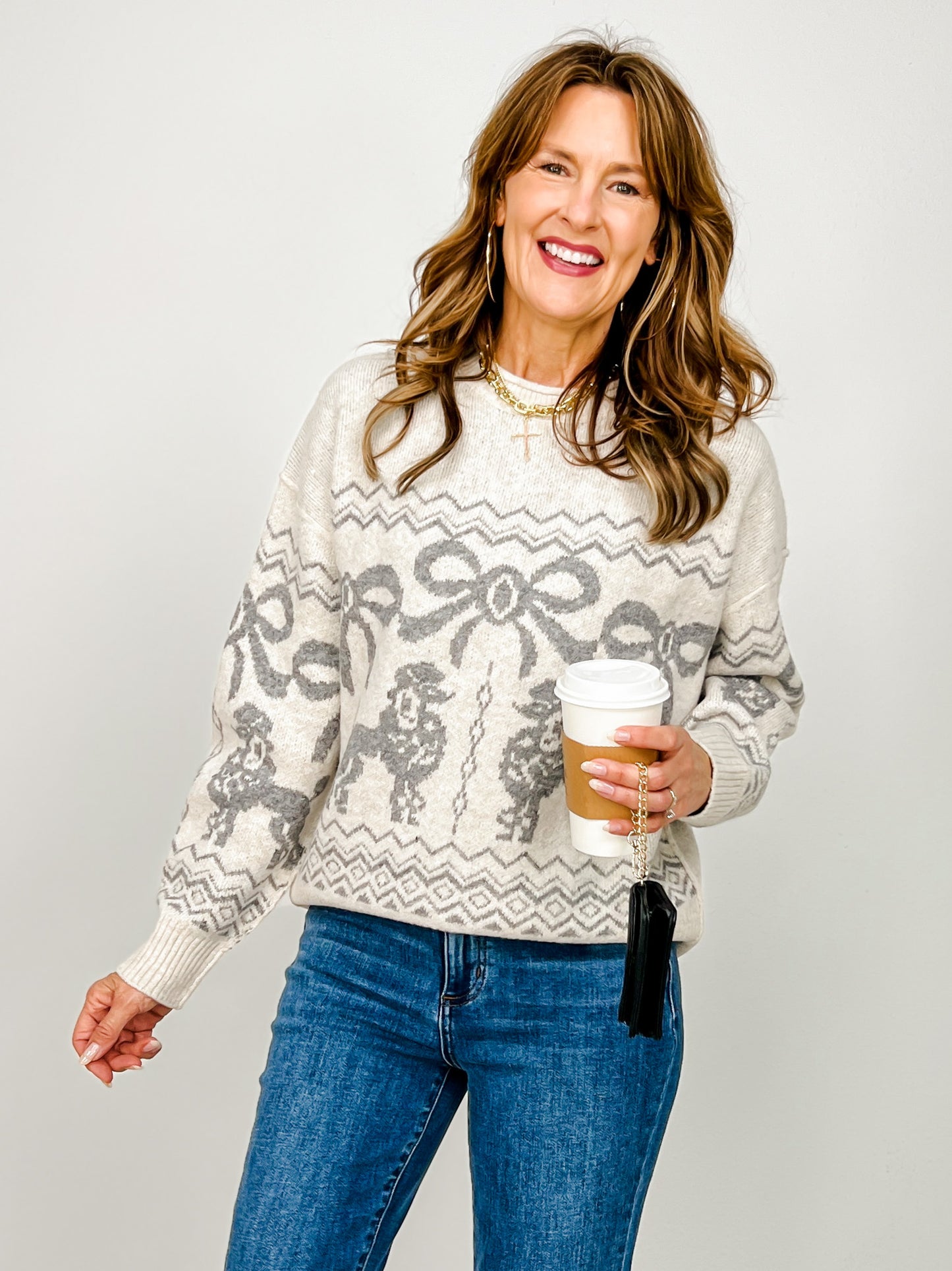 Poodle Bow Jacquard Knit Pullover Sweater
