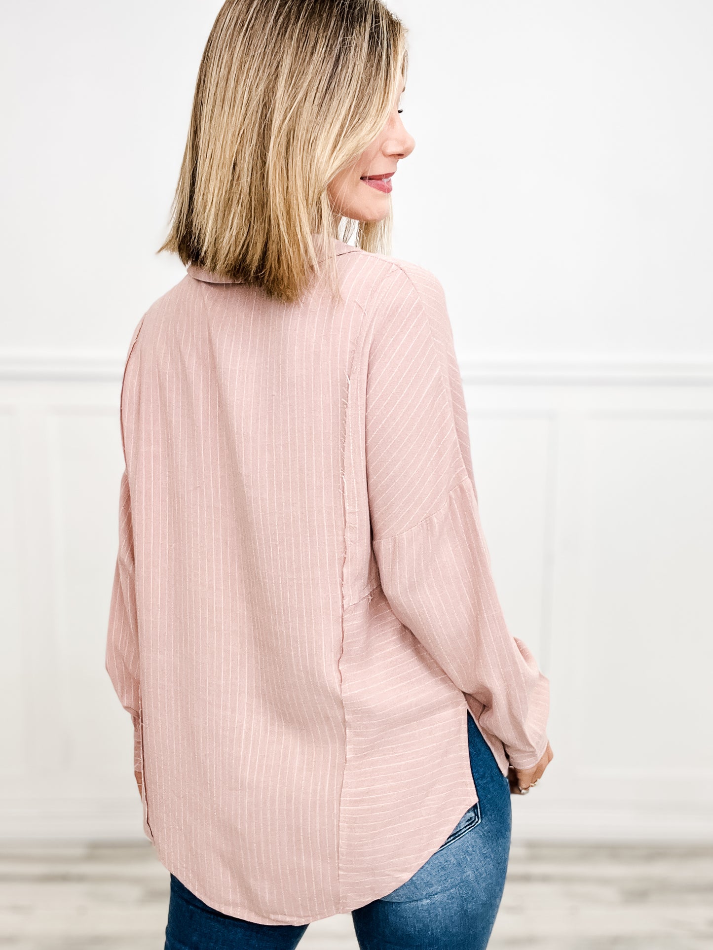 Striped Linen Oversized Long Sleeve Button Down Top