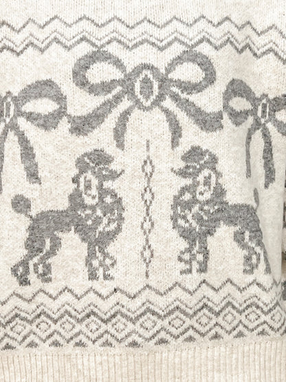 Poodle Bow Jacquard Knit Pullover Sweater