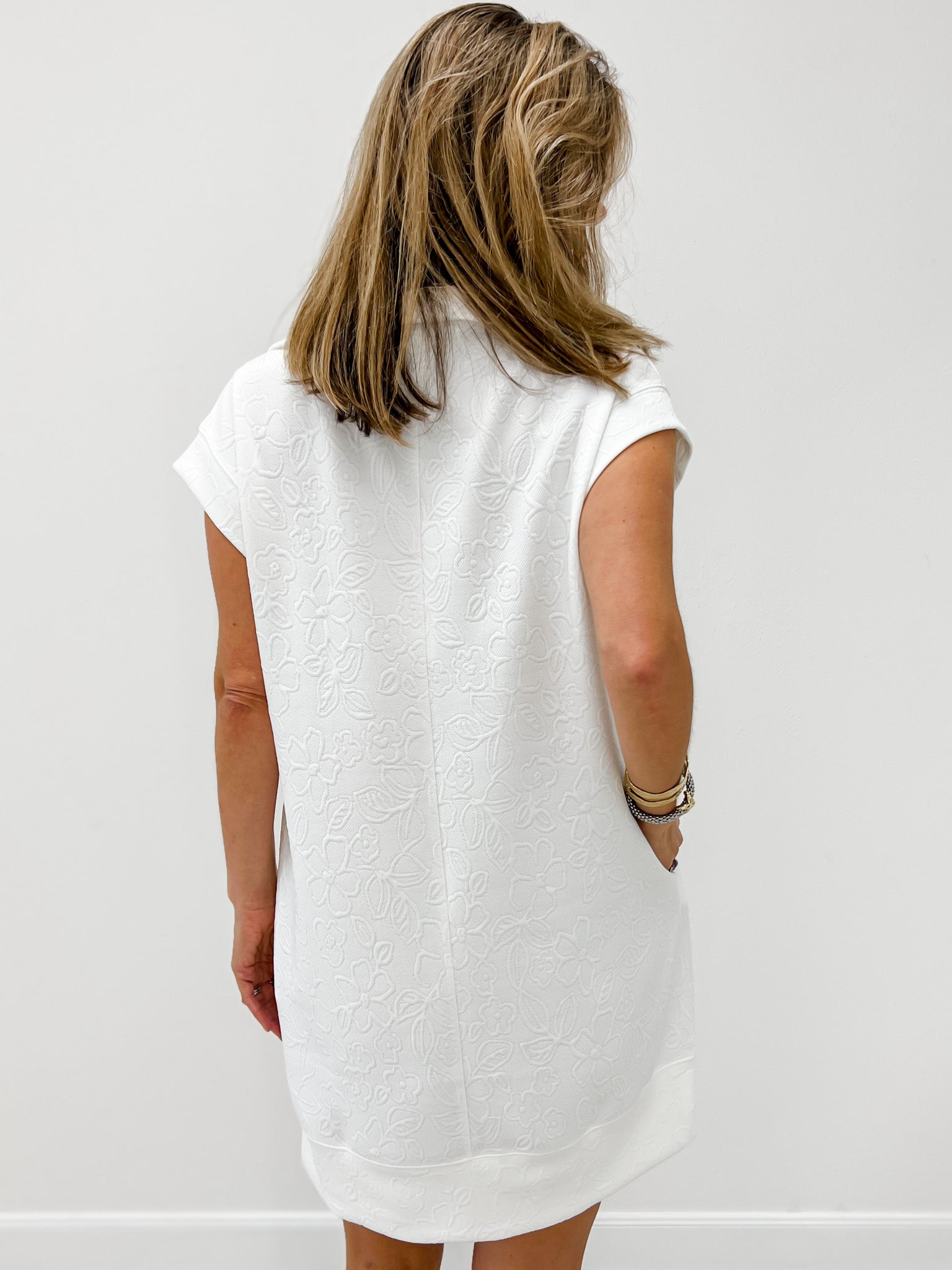 Portside Jacquard Fabric Dress with Zipper Neckline in OFF WHITE