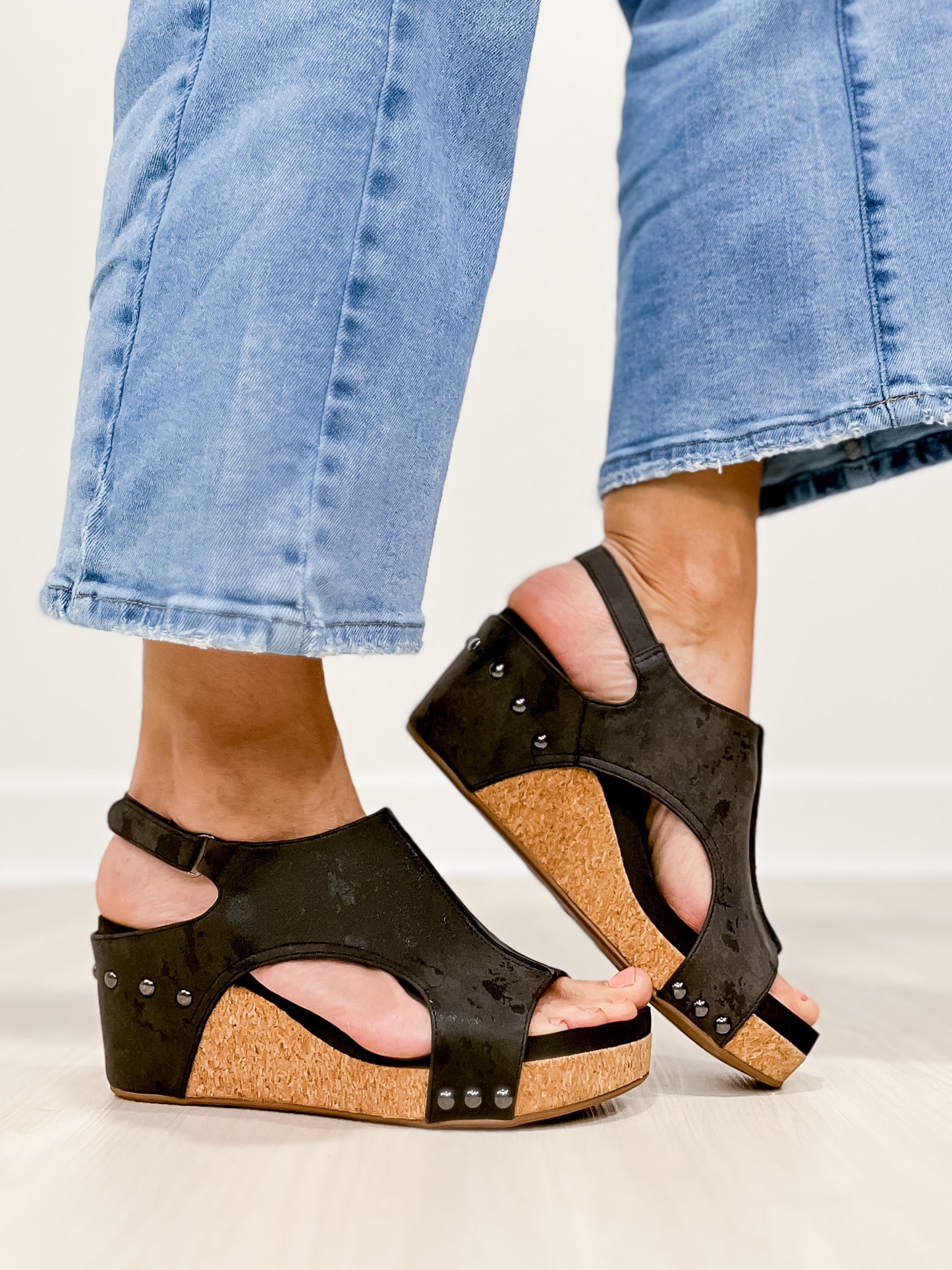 Corkys Carley Wedge Shoe In Black Metallic