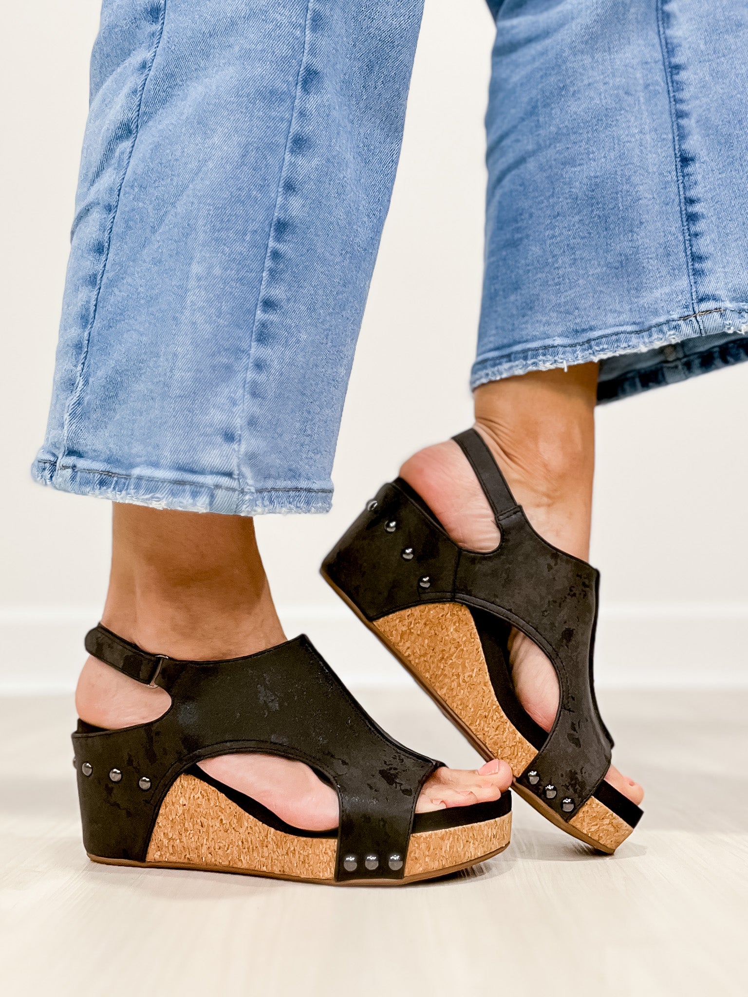 Corkys Carley Wedge Shoe In Black Metallic