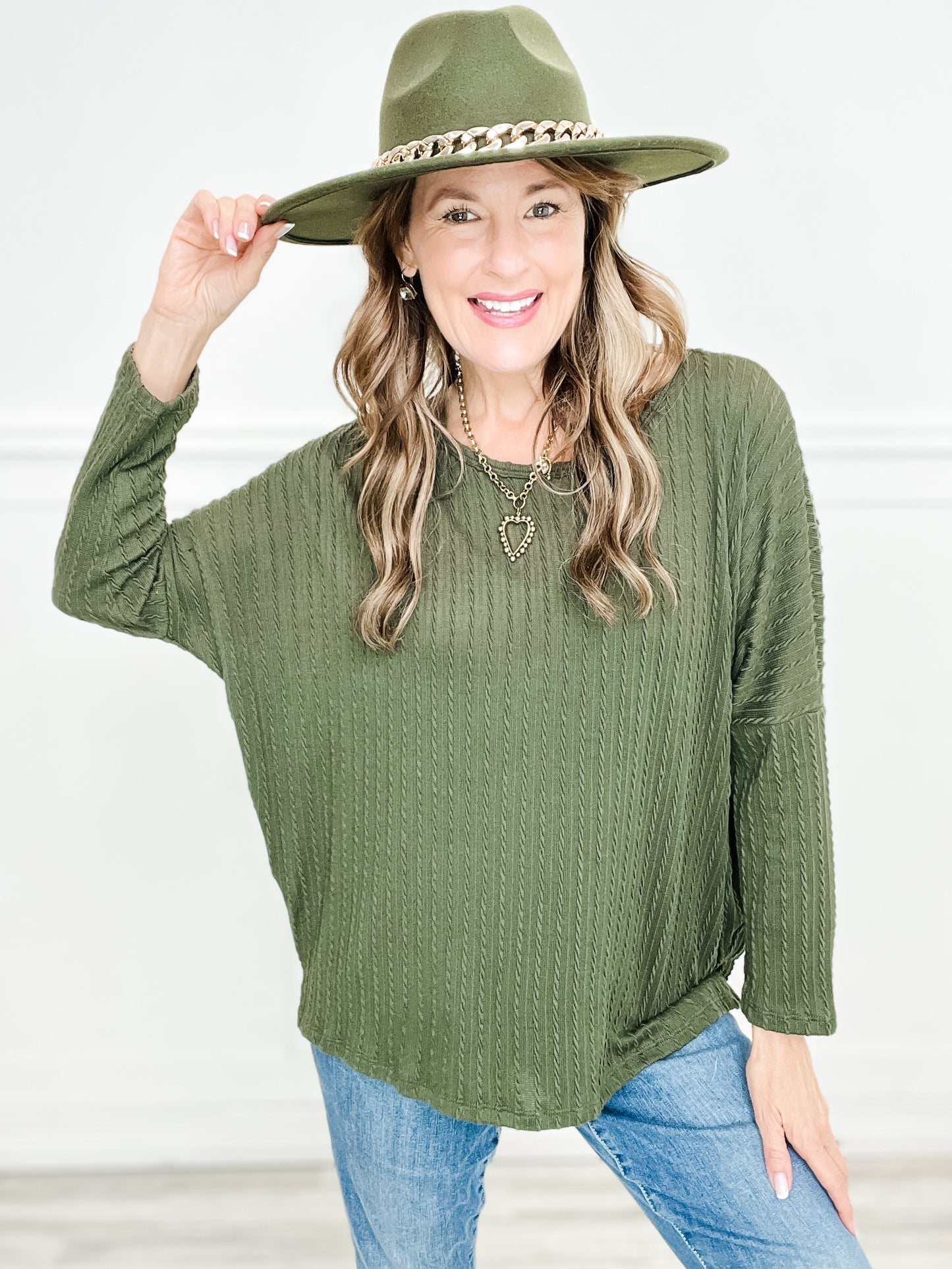 Long Sleeve Cable Knit Dolman Sweater Top