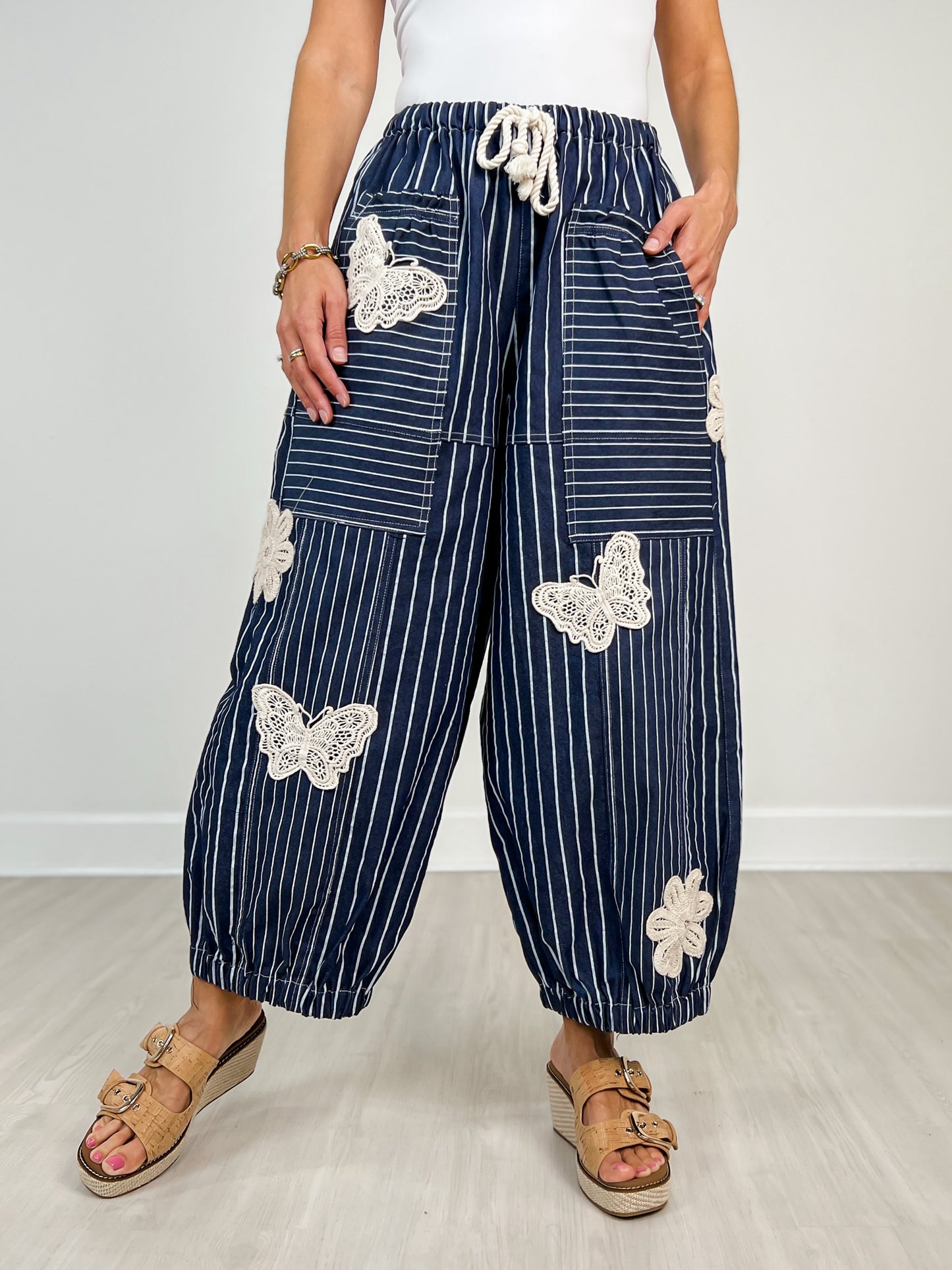 Lightweight Soft Denim Strip Wide Barrel Pants in Ink Denim
