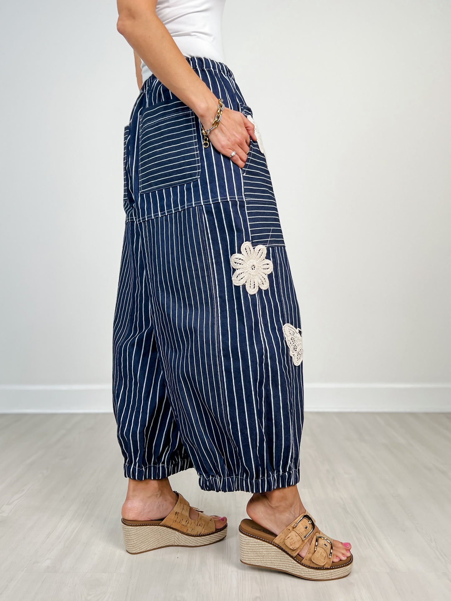 Lightweight Soft Denim Strip Wide Barrel Pants in Ink Denim