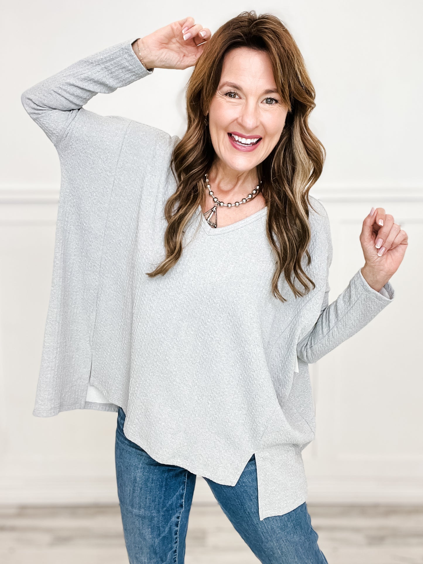 Cable Knit Jacquard V-Neck Dolman Top