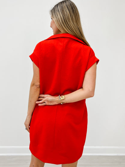 Portside Jacquard Fabric Dress with Zipper Neckline in POWER RED
