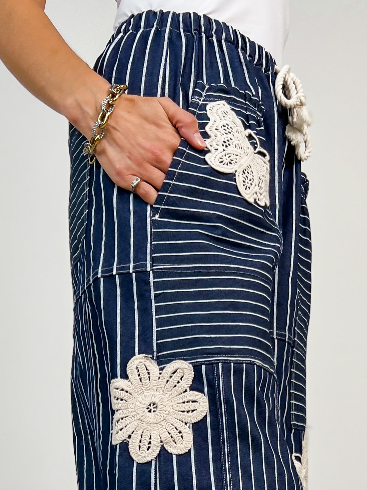 Lightweight Soft Denim Strip Wide Barrel Pants in Ink Denim