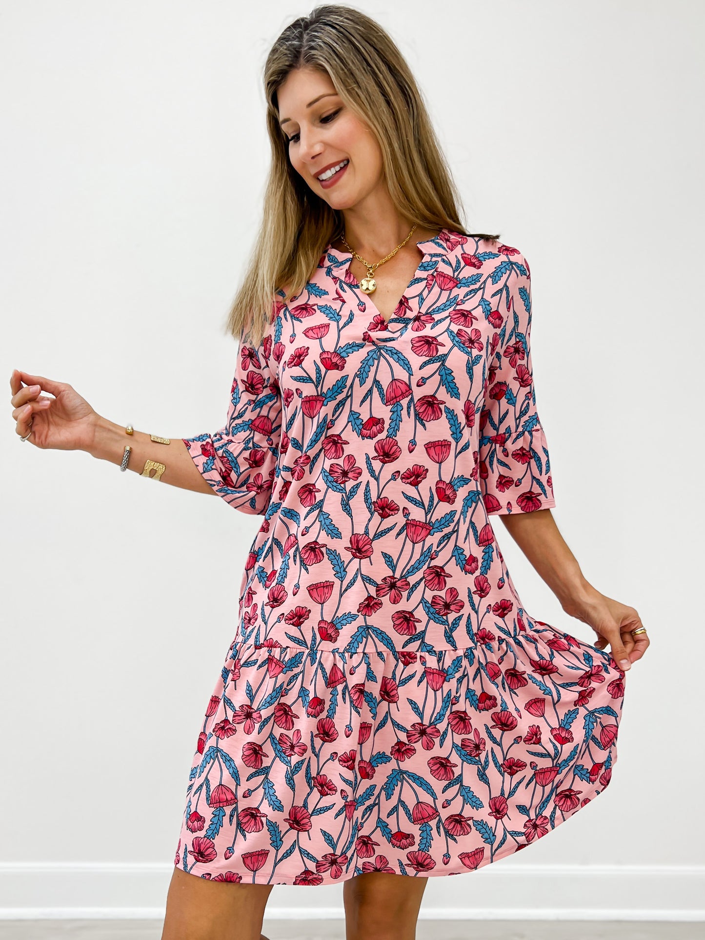 3/4 Sleeve Mandarin Collar Mini Dress
