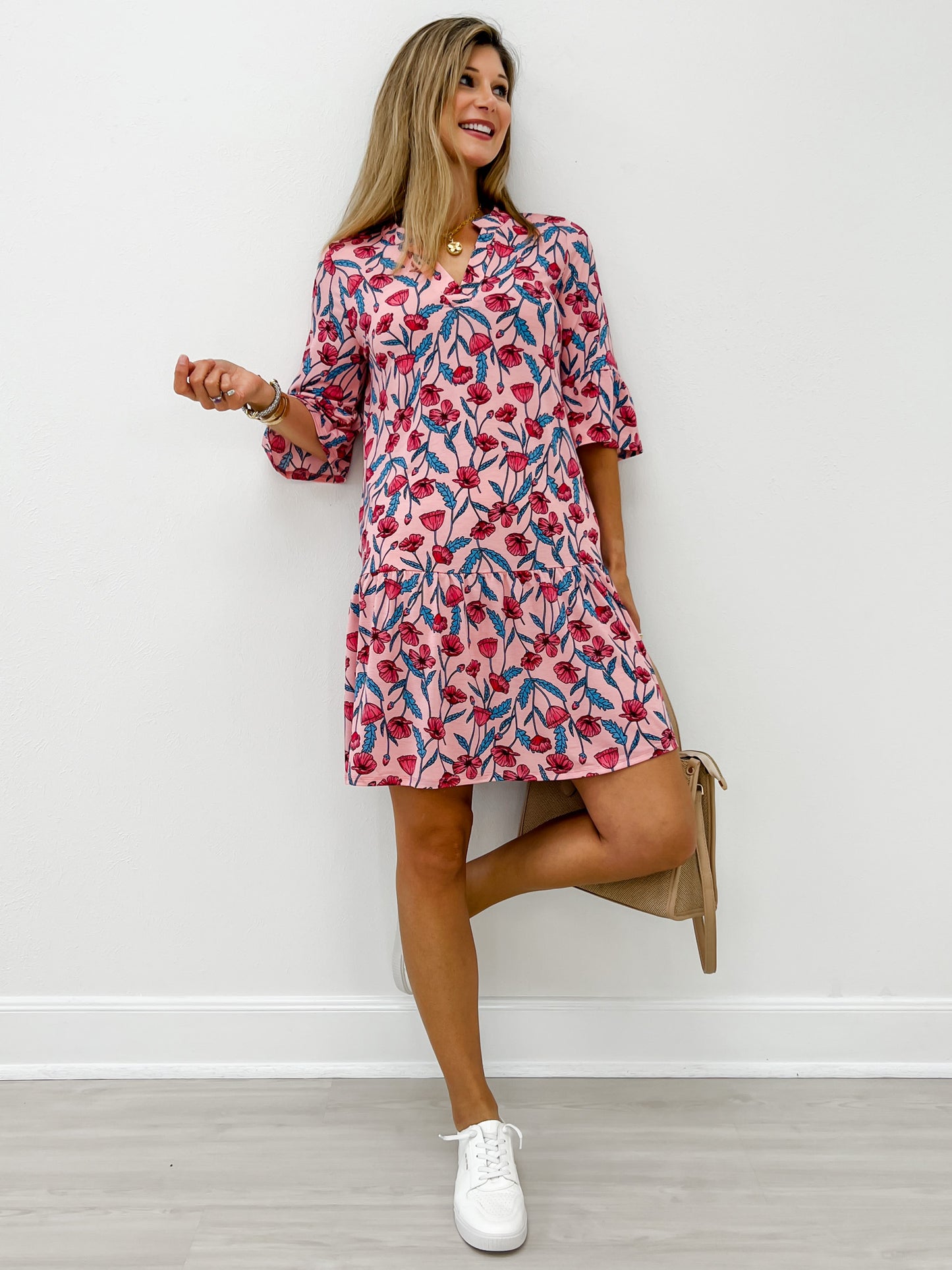 3/4 Sleeve Mandarin Collar Mini Dress
