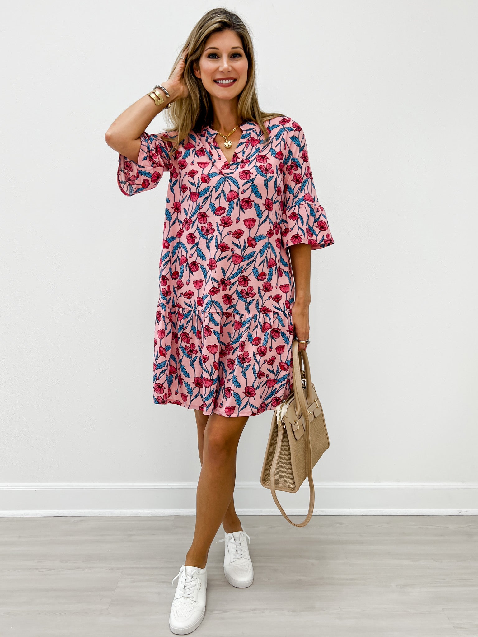 3/4 Sleeve Mandarin Collar Mini Dress Blush / S