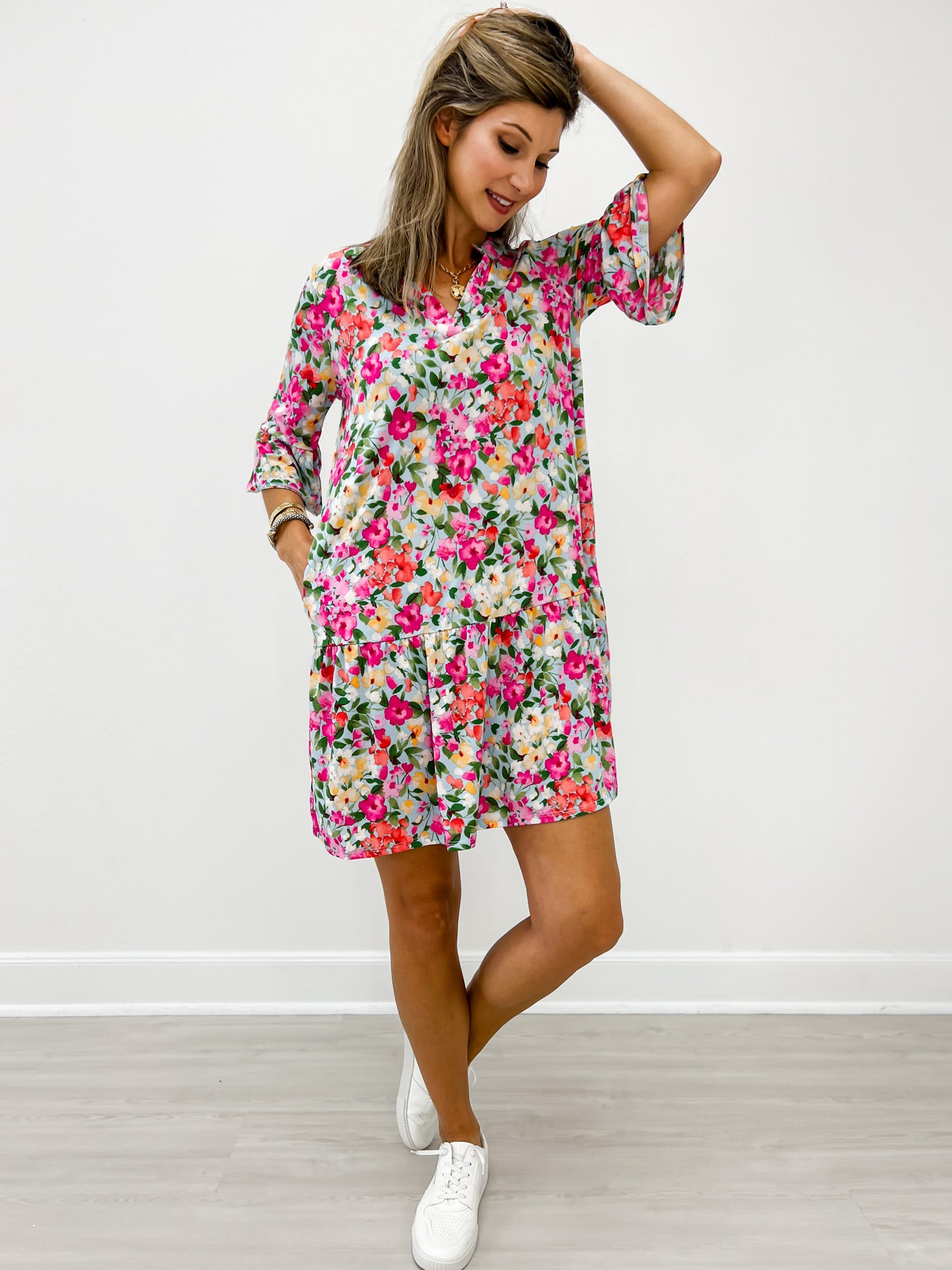 3/4 Sleeve Mandarin Collar Mini Dress