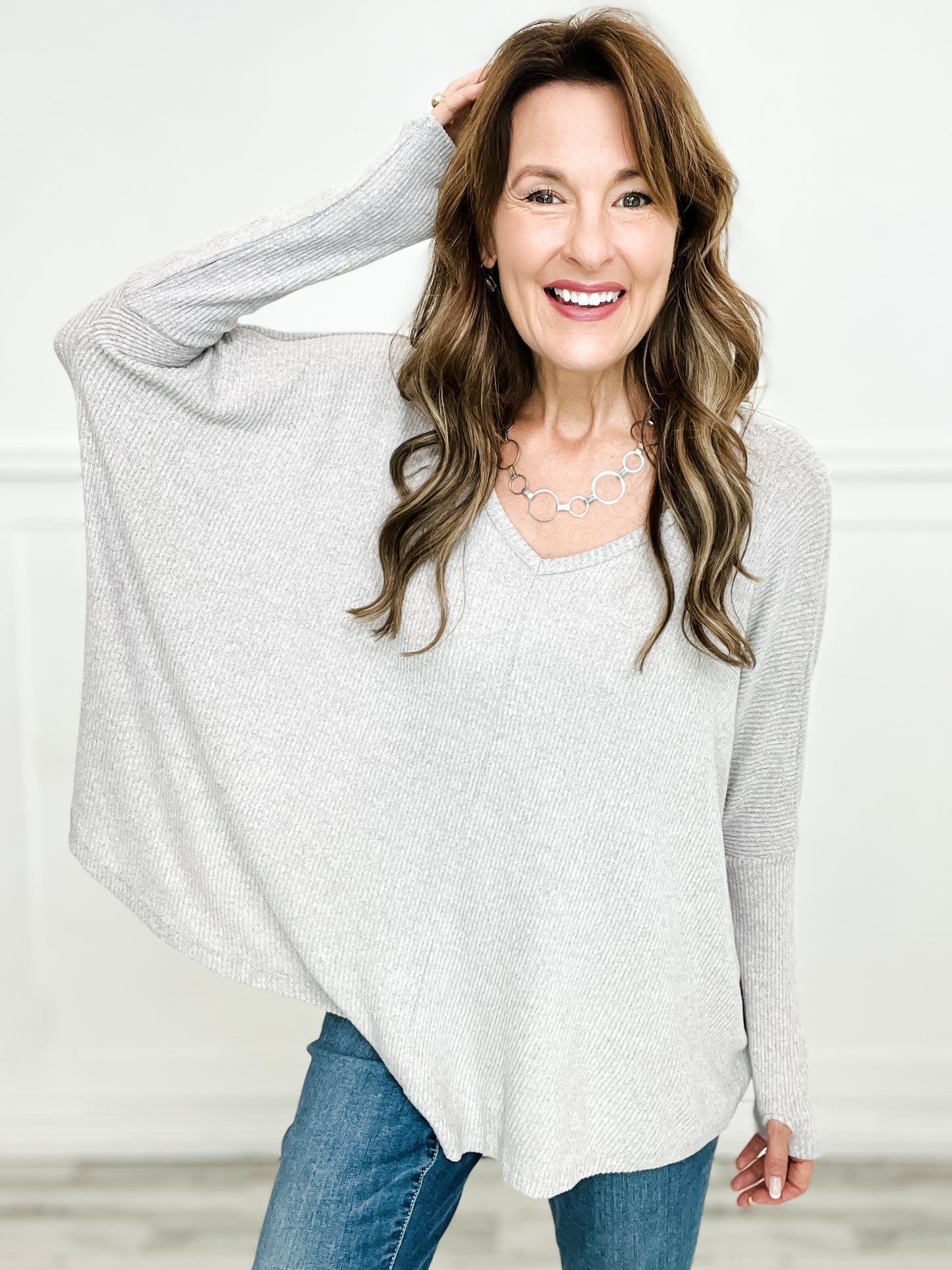 Oversized Soft Ribbed V-Neck Long Sleeve Sweater with Thumb Holes