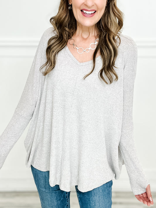 Oversized Soft Ribbed V-Neck Long Sleeve Sweater with Thumb Holes