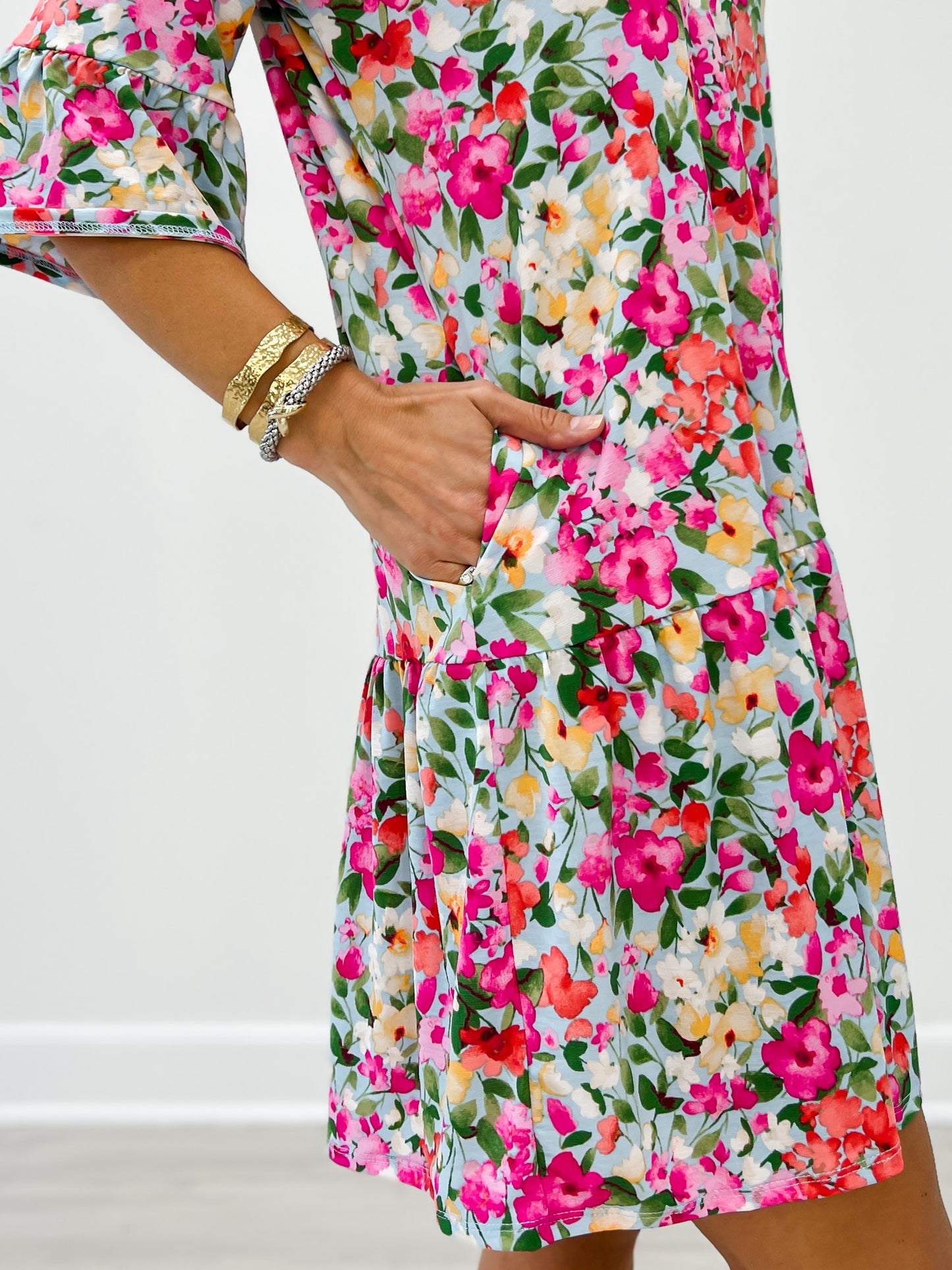 3/4 Sleeve Mandarin Collar Mini Dress
