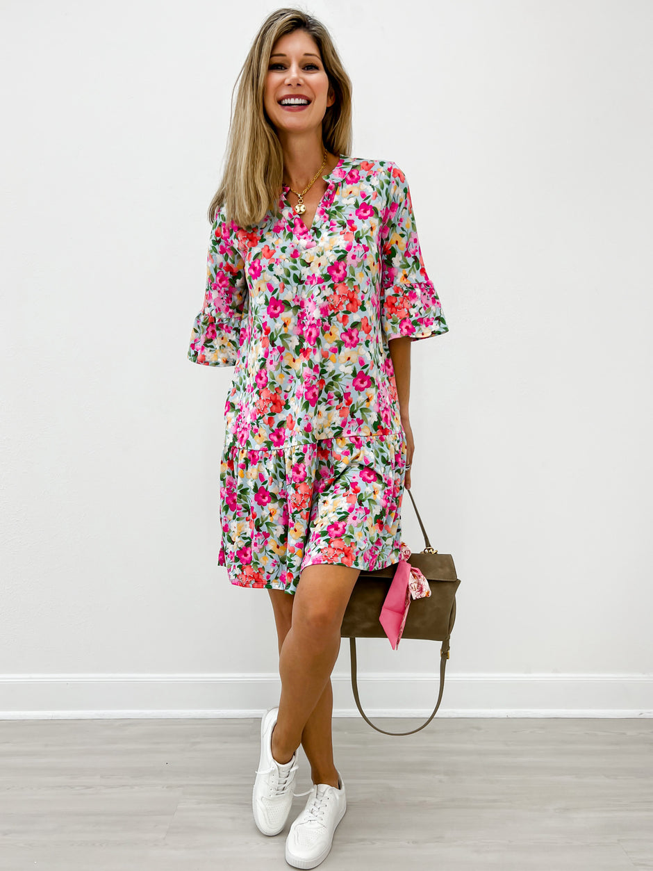 3/4 Sleeve Mandarin Collar Mini Dress