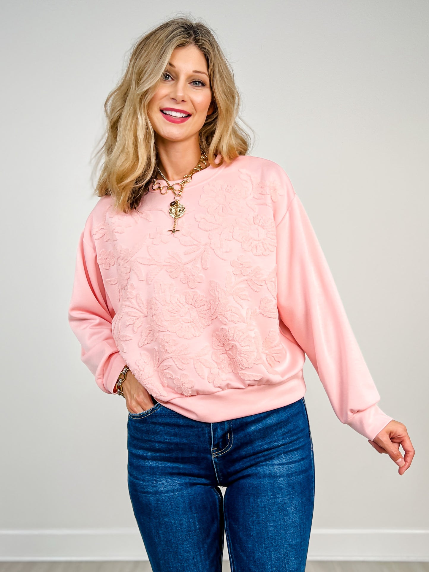Floral Front Embroidery On Long Sleeve Sweatshirt