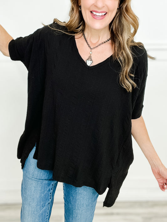 Boxy V-Neck Top with Side Slits