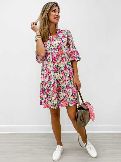 3/4 Sleeve Mandarin Collar Mini Dress