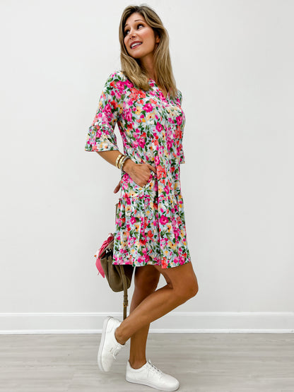 3/4 Sleeve Mandarin Collar Mini Dress