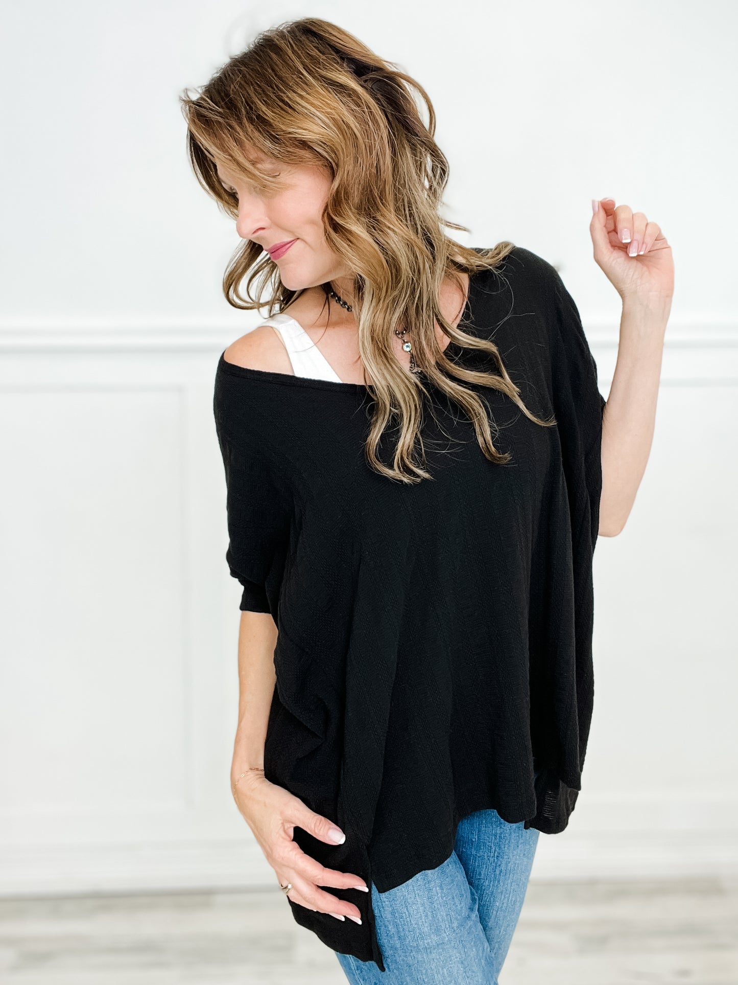 Boxy V-Neck Top with Side Slits