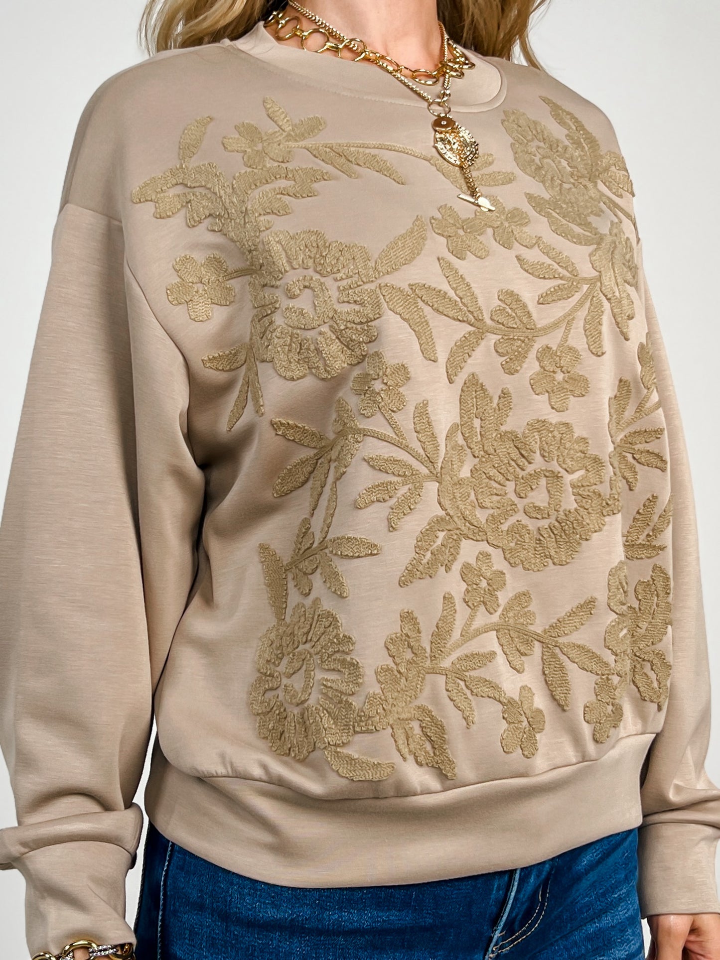 Floral Front Embroidery On Long Sleeve Sweatshirt