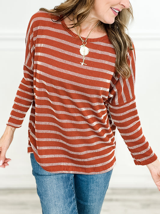 Striped Raised Rib Long Sleeve Dolman Top