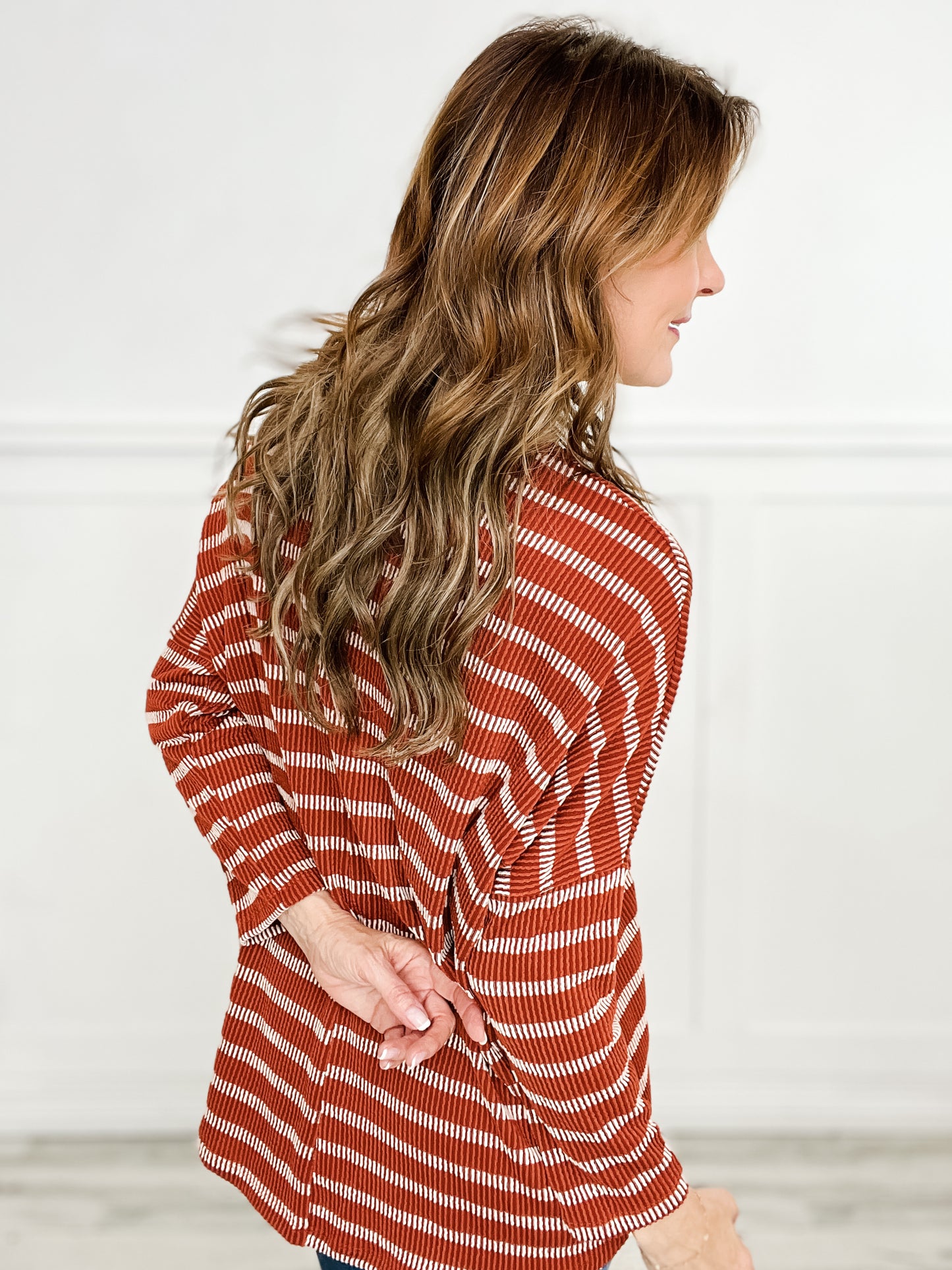 Striped Raised Rib Long Sleeve Dolman Top