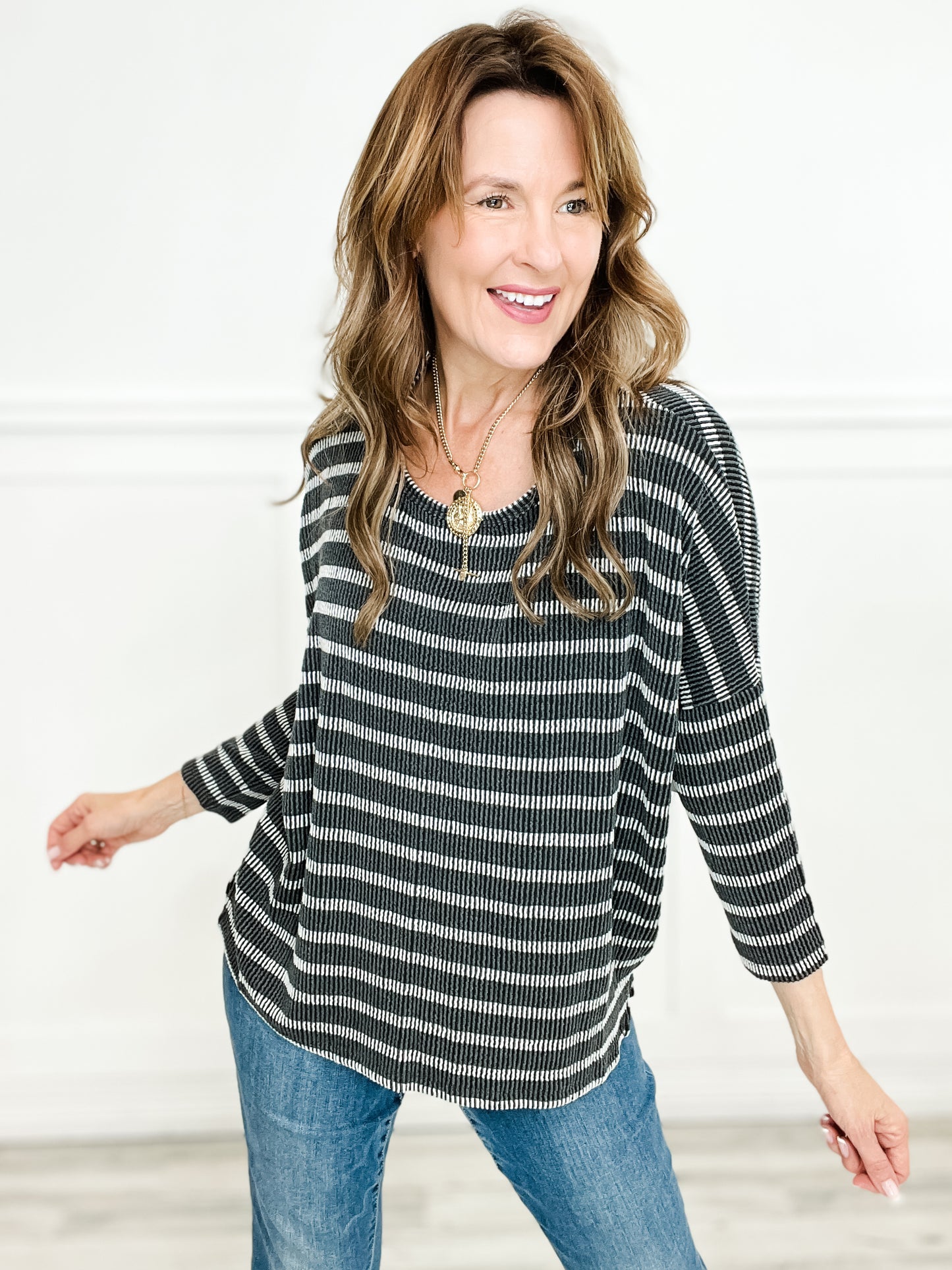 Striped Raised Rib Long Sleeve Dolman Top