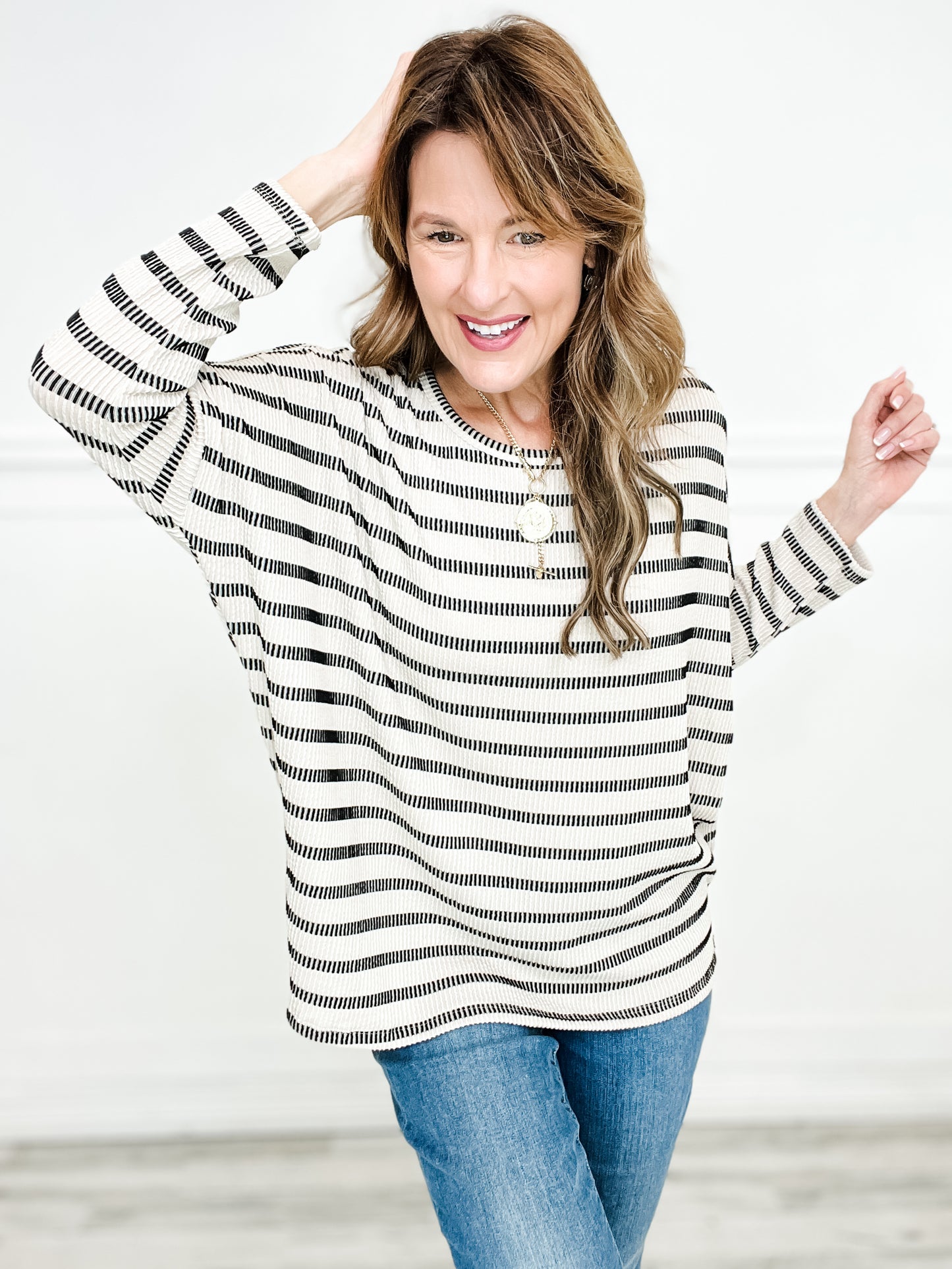 Striped Raised Rib Long Sleeve Dolman Top