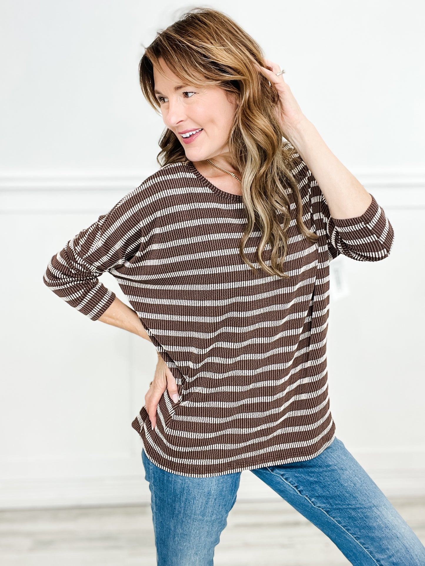 Striped Raised Rib Long Sleeve Dolman Top