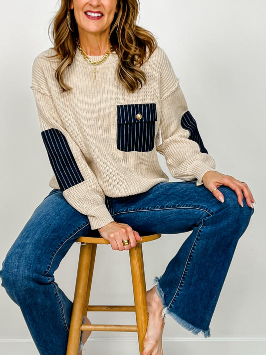 Striped Denim Patch Loose Fit Sweater Top