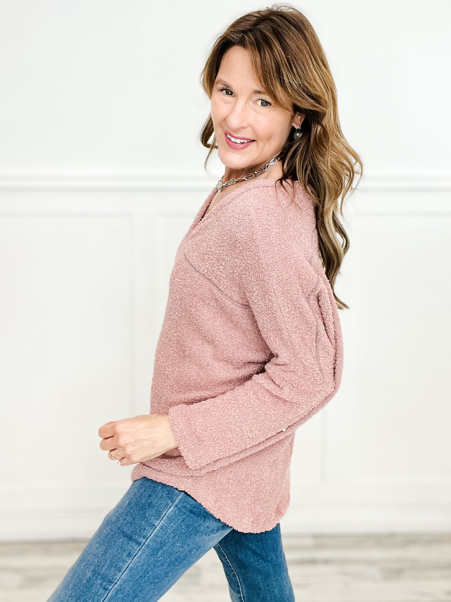 Fuzzy Knit V-Neck Long Sleeve Sweater