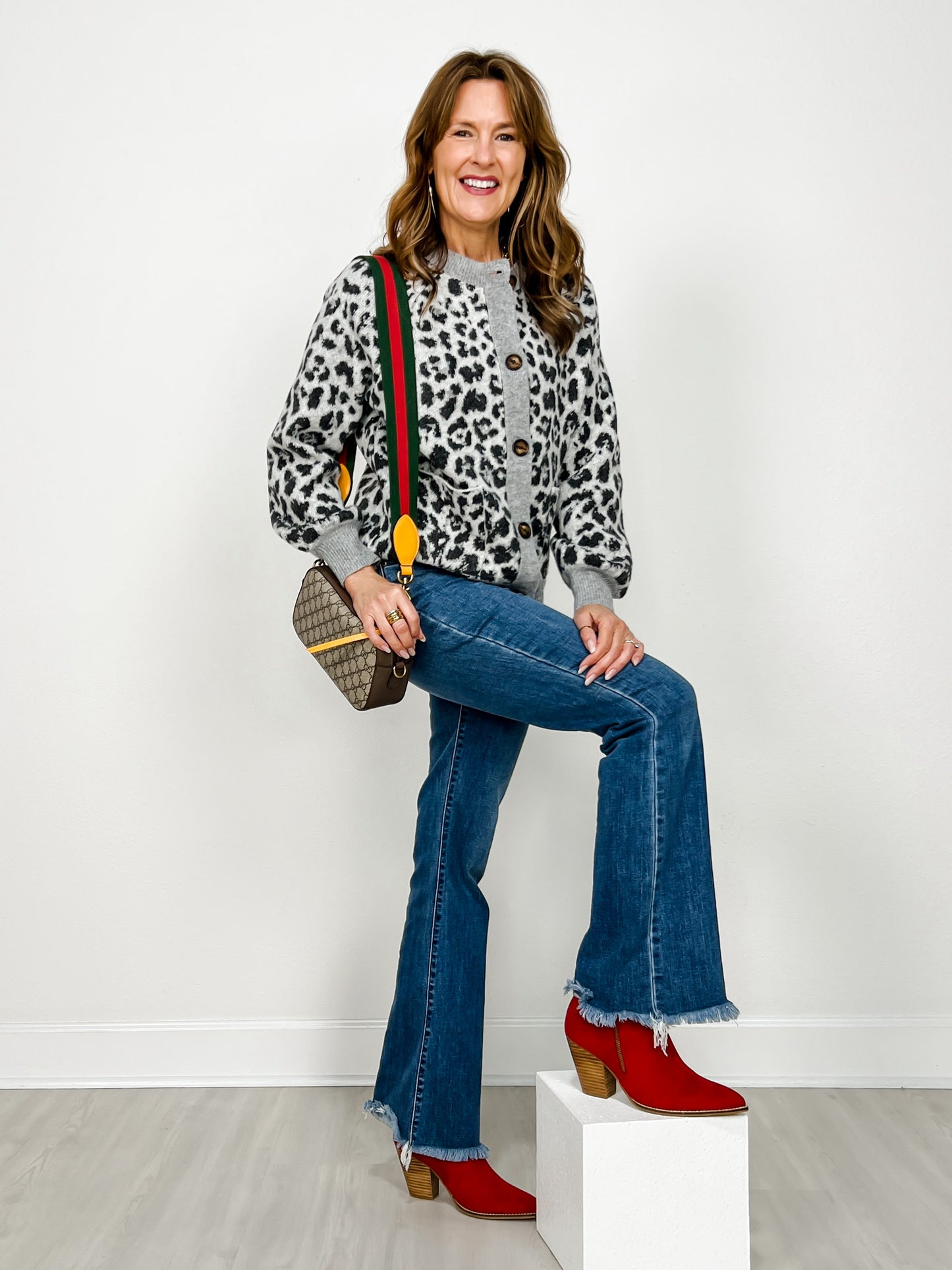 Leopard Jacquard Collared Button Front Sweater Jacket
