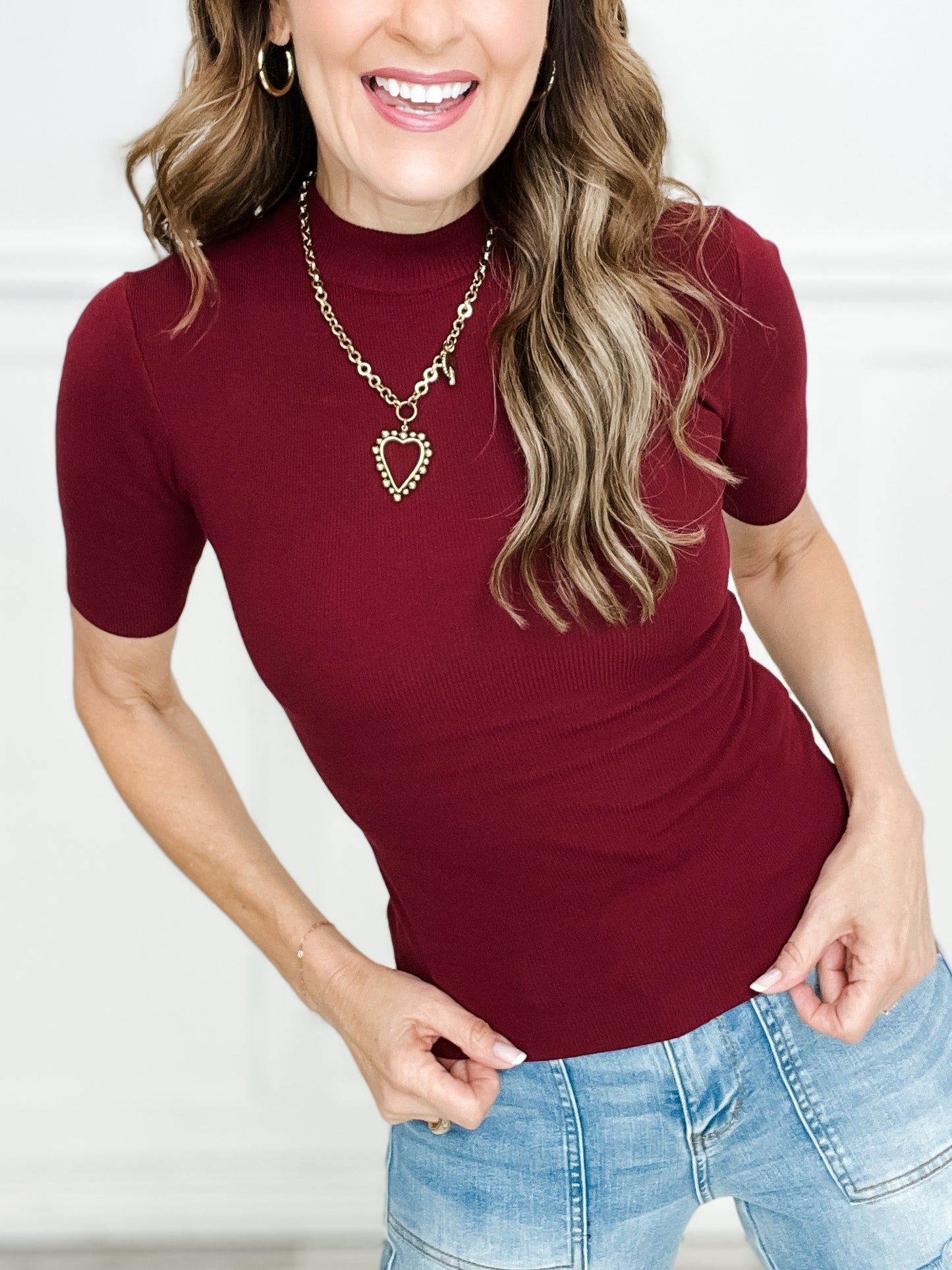 Ribbed Short Sleeve Mock Neck Top -Group B