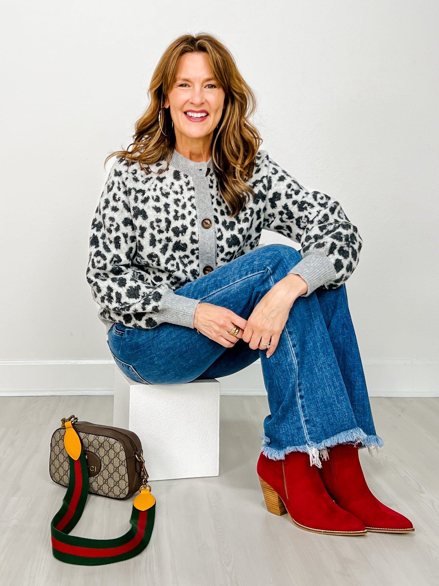 Leopard Jacquard Collared Button Front Sweater Jacket
