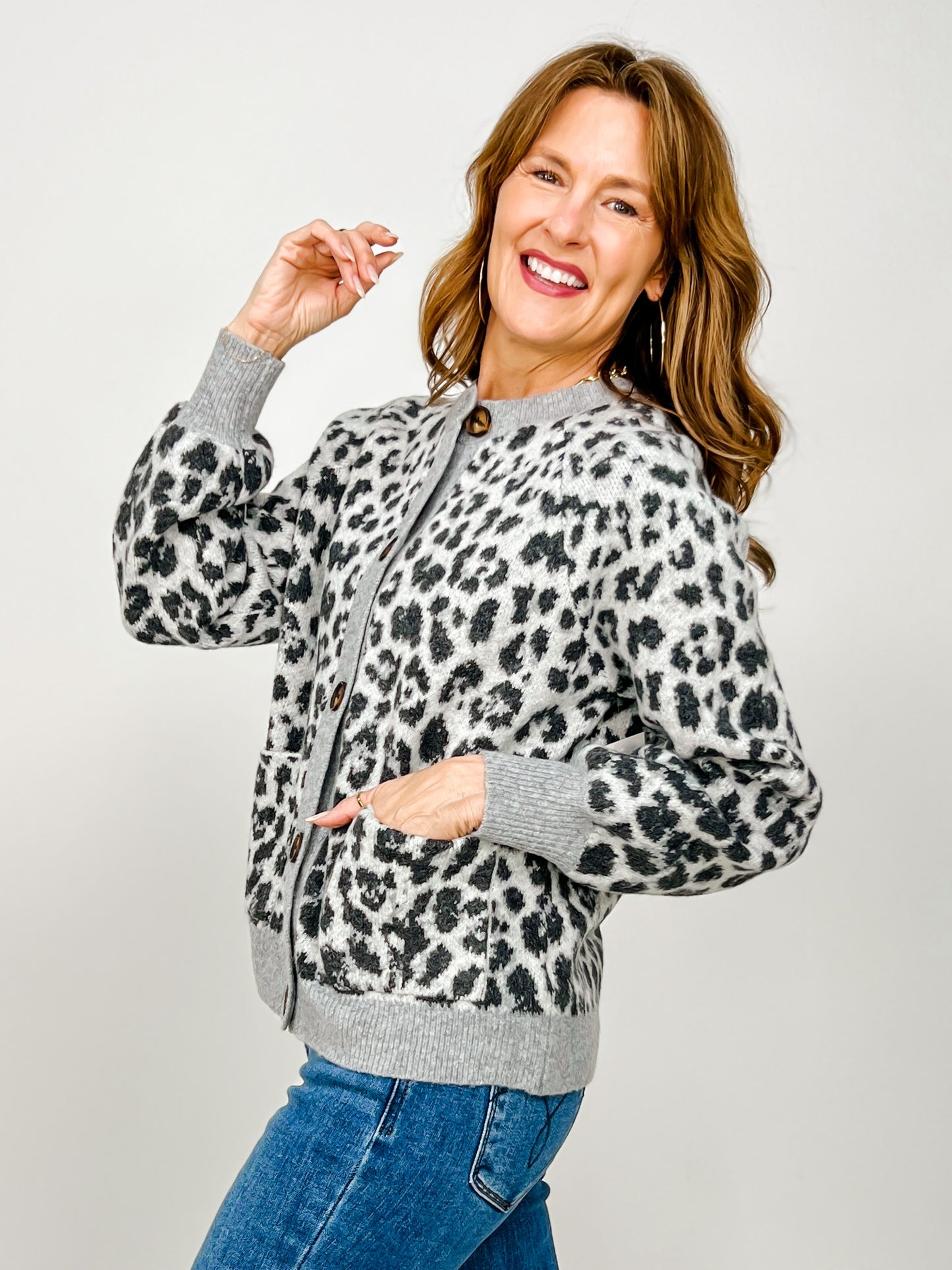 Leopard Jacquard Collared Button Front Sweater Jacket