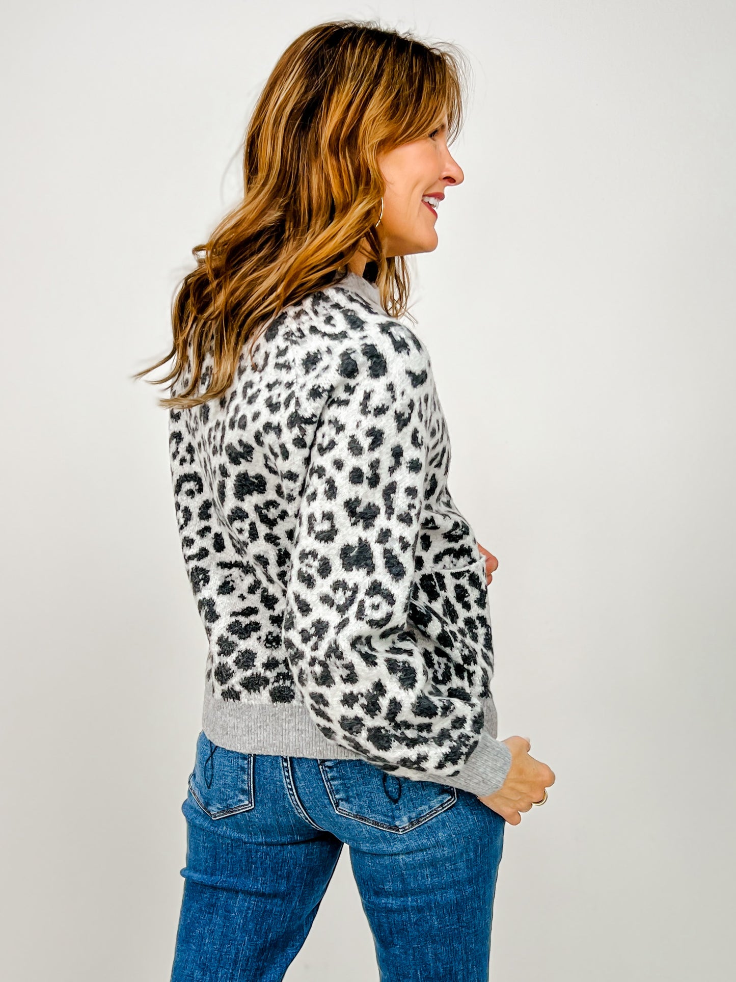 Leopard Jacquard Collared Button Front Sweater Jacket