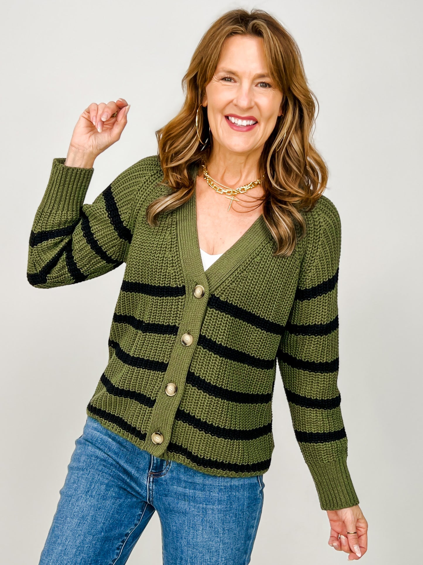 Long Sleeve Striped Knit Cardigan with Button Front