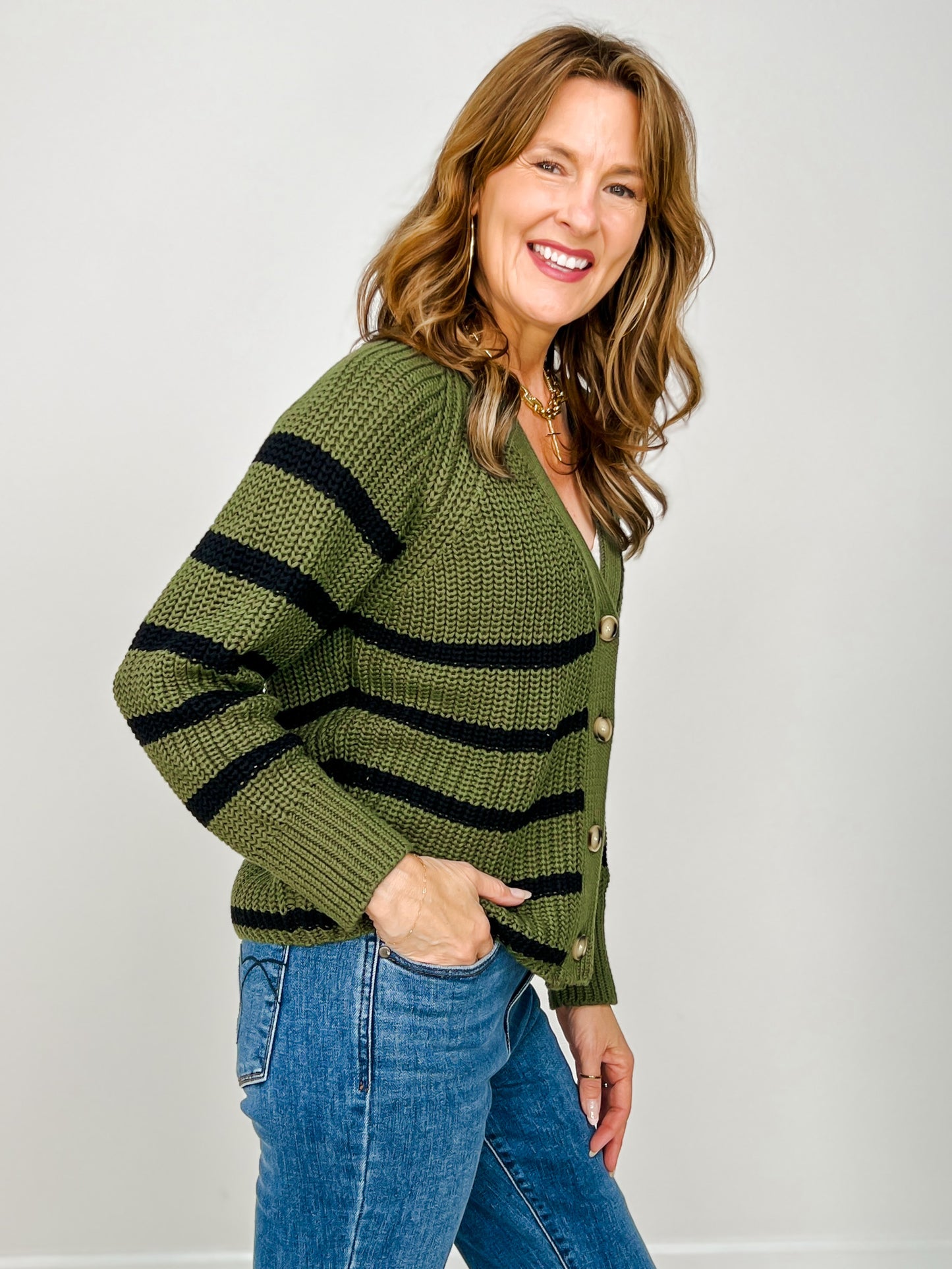 Long Sleeve Striped Knit Cardigan with Button Front