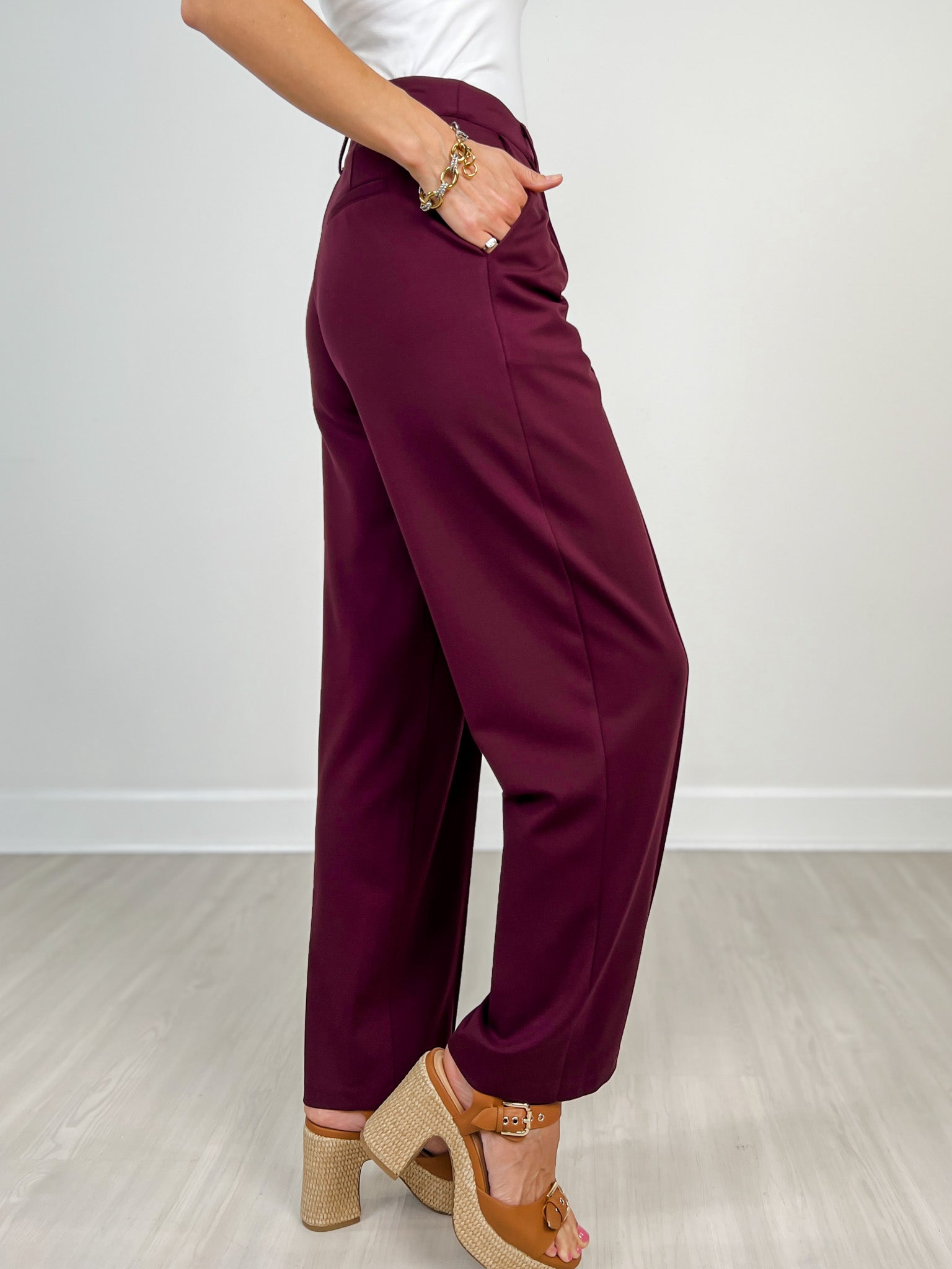 Straight Fit High Waist Wide Leg Pocket Trousers