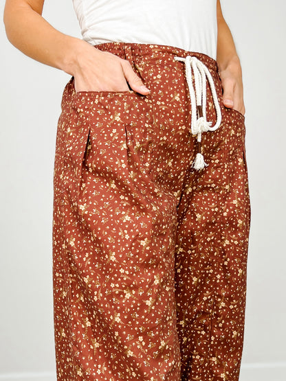 Ditsy Print Drawstring Barrel Leg Loose Pants
