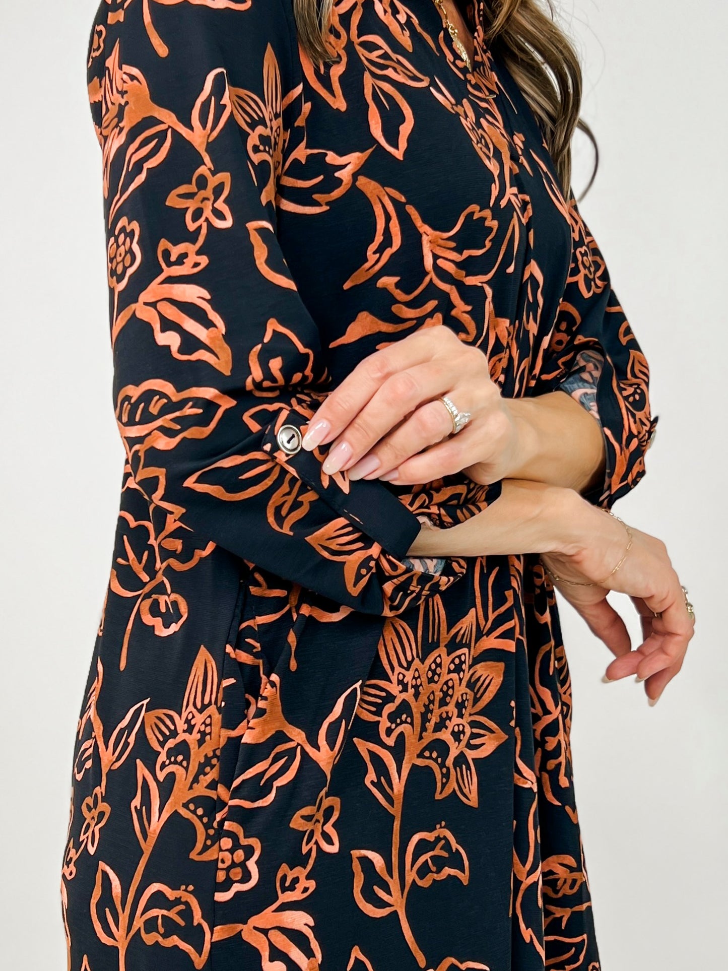 Floral Print 3/4 Sleeve Scarlett Dress in Black