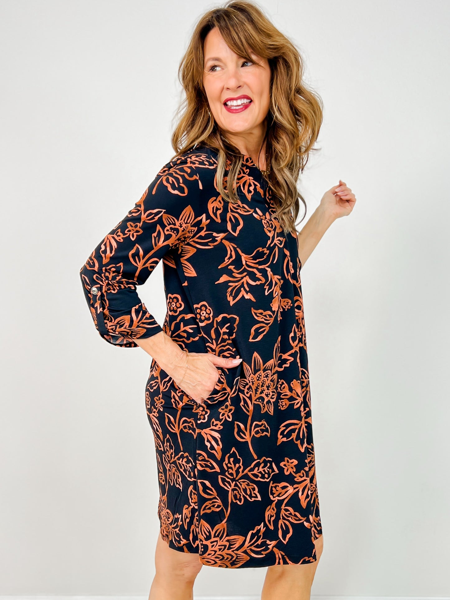 Floral Print 3/4 Sleeve Scarlett Dress in Black